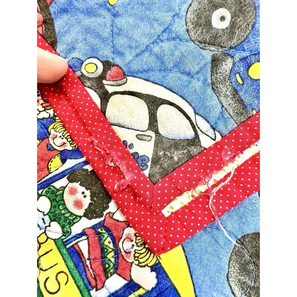 Vintage Quilted Baby Blanket Transportation School Bus Road‎ Signs 28x40 Blue